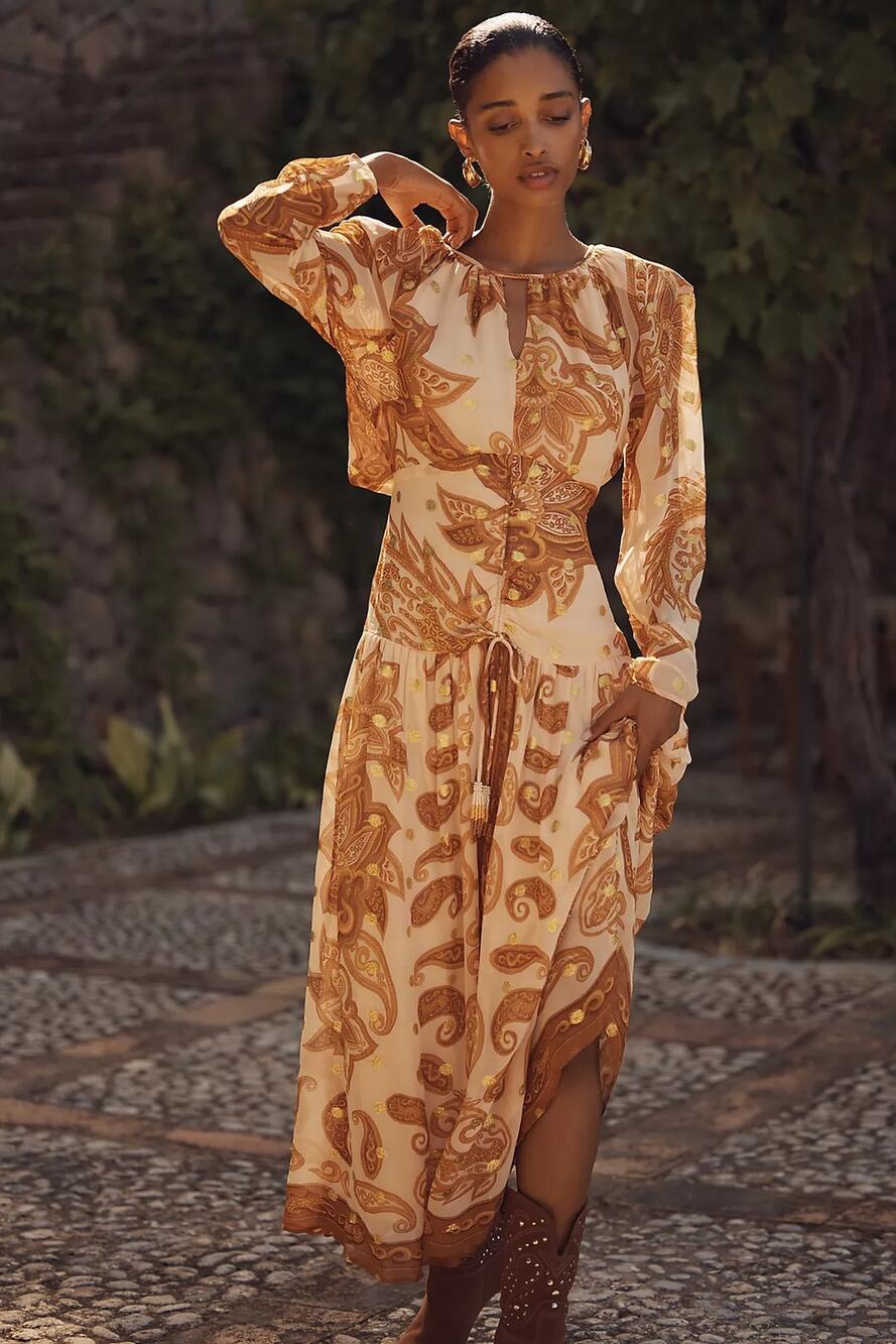 New Farm Rio x Anthropologie Long-Sleeve Jacquard Maxi Dress $298 LARGE Gold